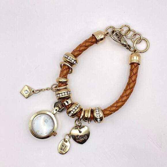 Signed NY&C Watch Charm Bracelet Heart Love Woven Brown Leather Gold Tone - 7" - Picture 1 of 10